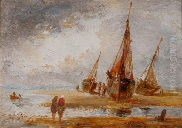 Beached Sailing Vessels With Figures Off Thecoast Oil Painting by William Joseph Caesar Julius Bond