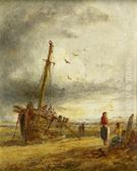 Fisherfolk By A Beached Boat Oil Painting by William Joseph Caesar Julius Bond