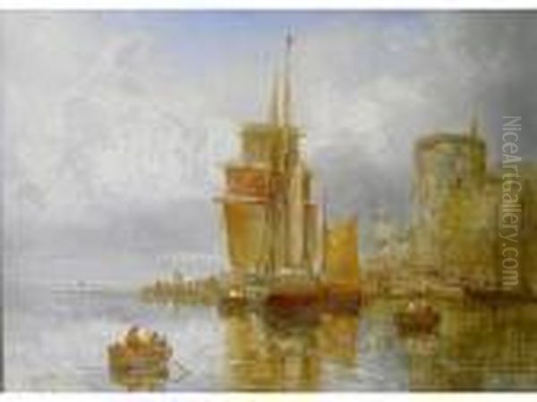 Boatsmoored At A Fortified Building Oil Painting by William Joseph Caesar Julius Bond