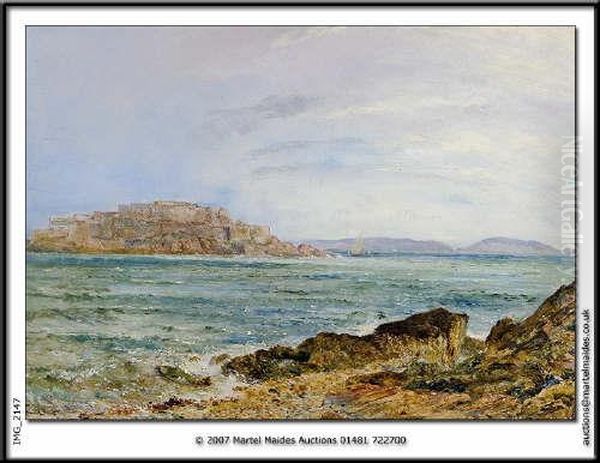 Castle Cornet, Guernsey, From 
Lavallete Oil On Board, Signed And Inscribed Verso 10.5 X 15in Oil Painting by William Joseph Caesar Julius Bond