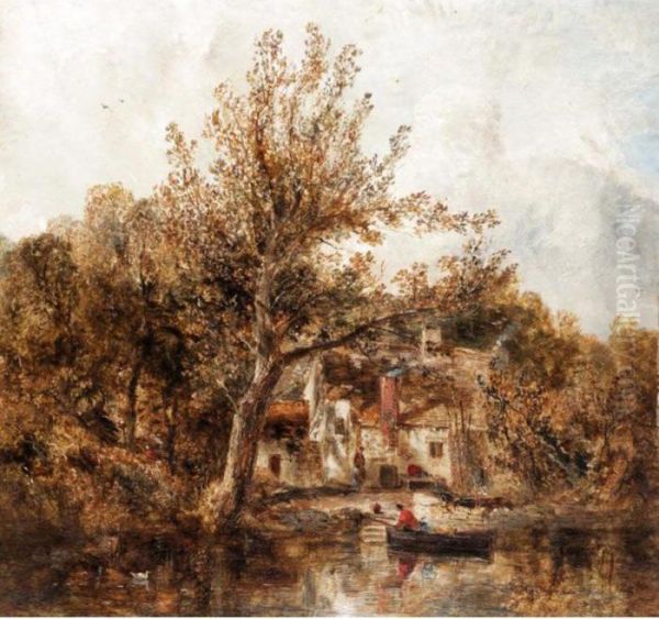 River Scene With A Rowing Boat Near A Cottage Oil Painting by William Joseph Caesar Julius Bond