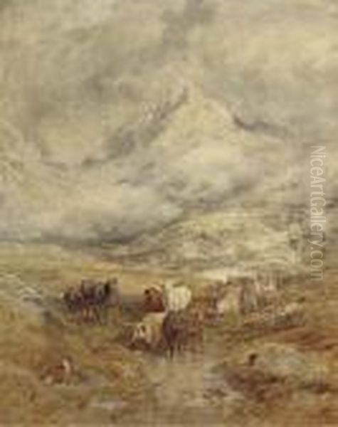 Cattle In A Highland Landscape Oil Painting by William Joseph Caesar Julius Bond