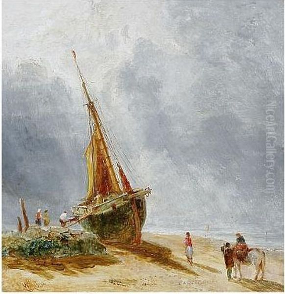 Figures Loading A Beached Boat On Hoylake Shore Oil Painting by William Joseph Caesar Julius Bond