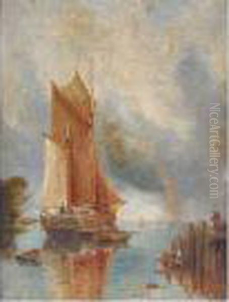 Fishing Boat Off A Jetty Oil Painting by William Joseph Caesar Julius Bond