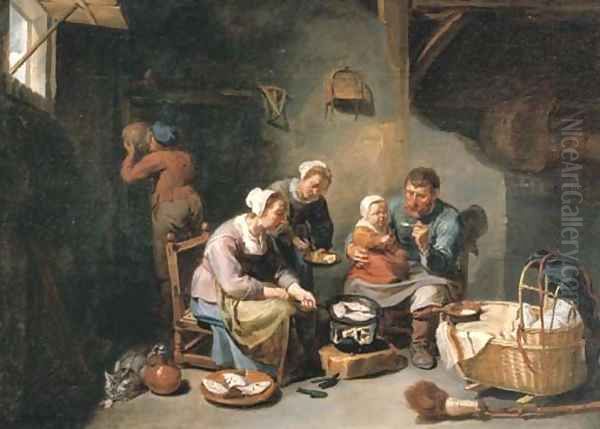 A peasant family frying fish in an interior Oil Painting by Willem van, the Elder Herp