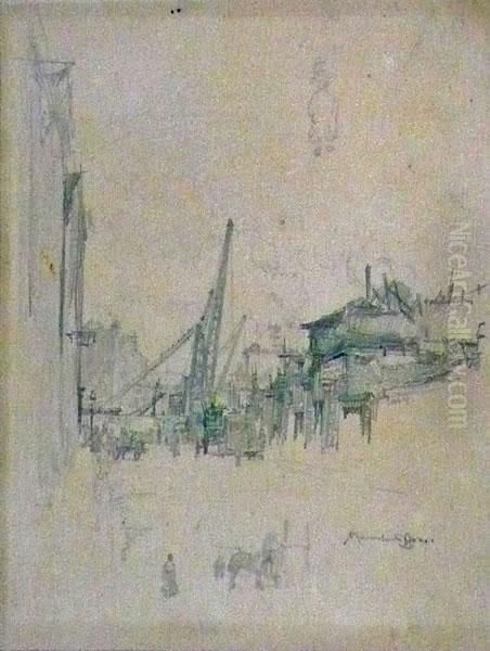 Pencil Street Scene With A Sheerleg Crane. Oil Painting by Muirhead Bone