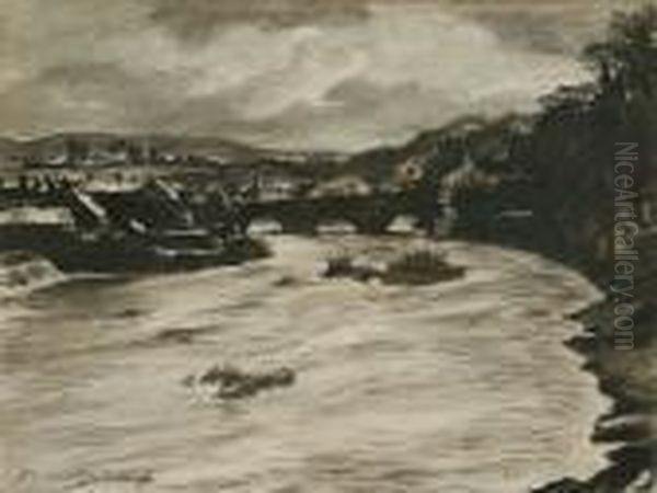 Spate Of River Ludlow Oil Painting by Muirhead Bone