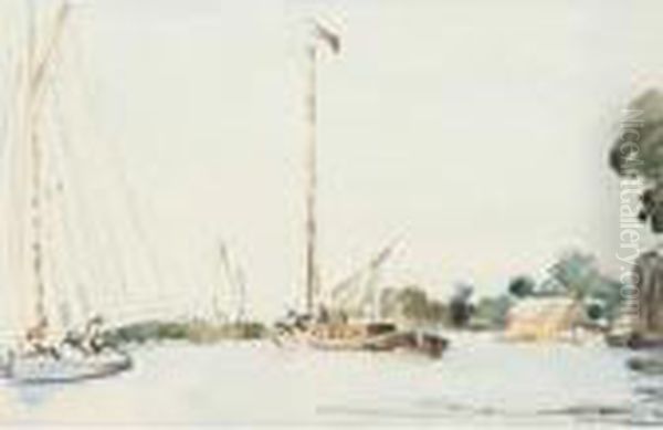 Norfolk Sailing Scene Oil Painting by Muirhead Bone