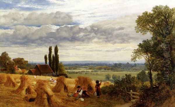 Harvesting Near Newark Priory, Ripley, Surrey Oil Painting by Frederick William Hulme