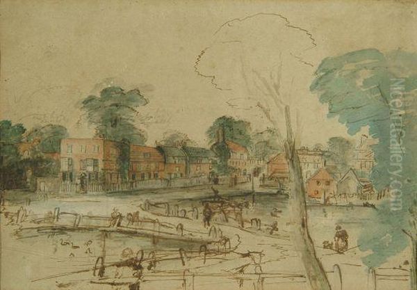 River Scene With Town, Pen, Ink And Coloured Washes by Muirhead Bone