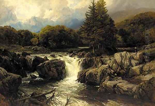 An angler in a Welsh river landscape Oil Painting by Frederick William Hulme