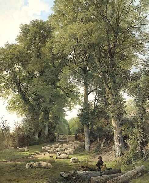 Sheep resting in a woodland glade, a traveller looking on Oil Painting by Frederick William Hulme