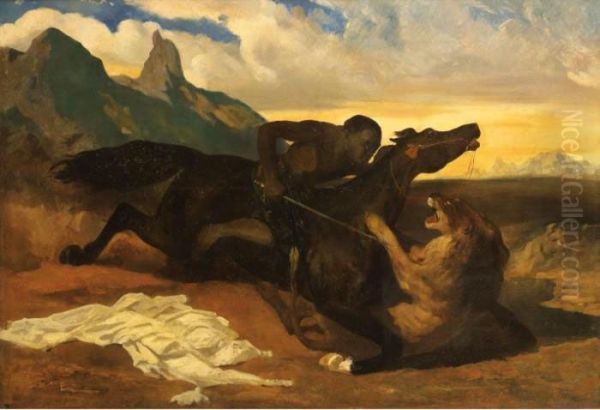 Combat Entre Un Cavalier Africain Et Un Felin Oil Painting by Isidore Jules Bonheur