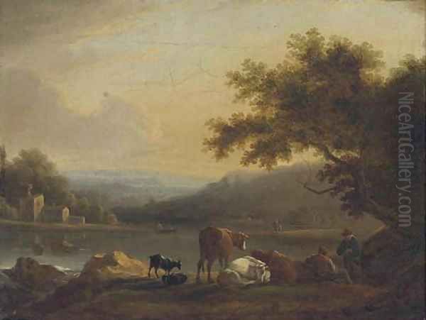 Figures and cattle on a river bank at evening Oil Painting by Frederick William Hulme