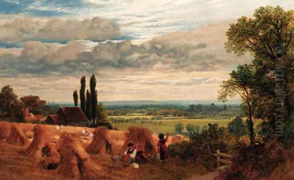 Harvesters resting in an extensive landscape Oil Painting by Frederick William Hulme