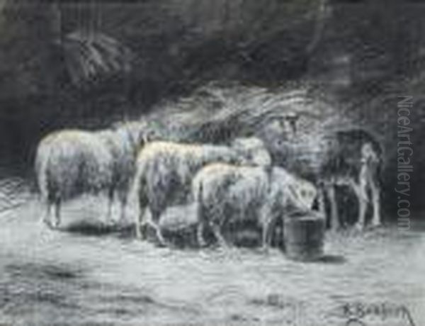 Sheep In A Barn Oil Painting by Rosa Bonheur