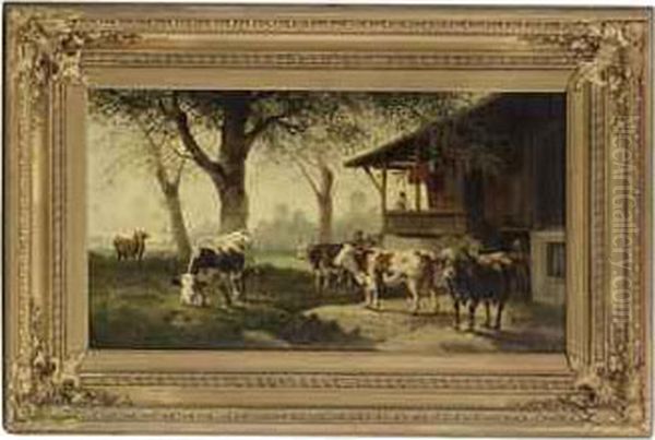 Herding Cattle By A House Oil Painting by Rosa Bonheur