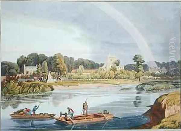 Staines Church with City Stone on Banks of the River Oil Painting by William Havell