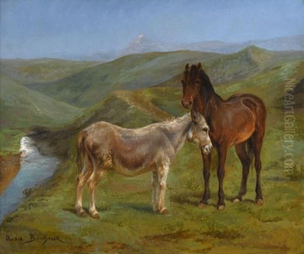 Pony And A Donkey In A Hilly Landscape Oil Painting by Rosa Bonheur