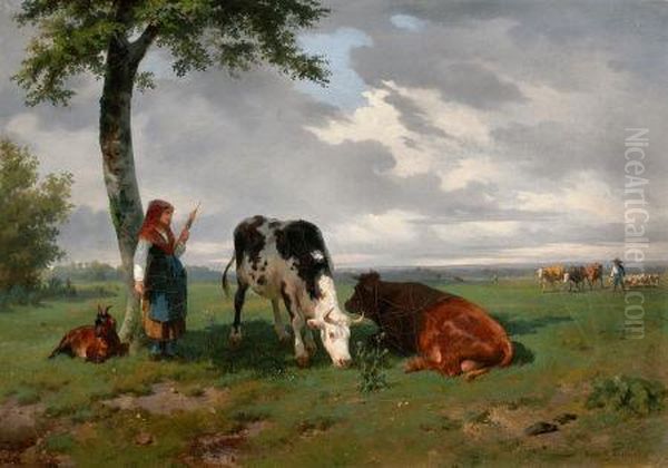 Shepherdess And Two Cows In A Meadow Oil Painting by Rosa Bonheur