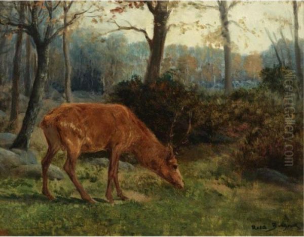 A Deer Grazing Oil Painting by Rosa Bonheur