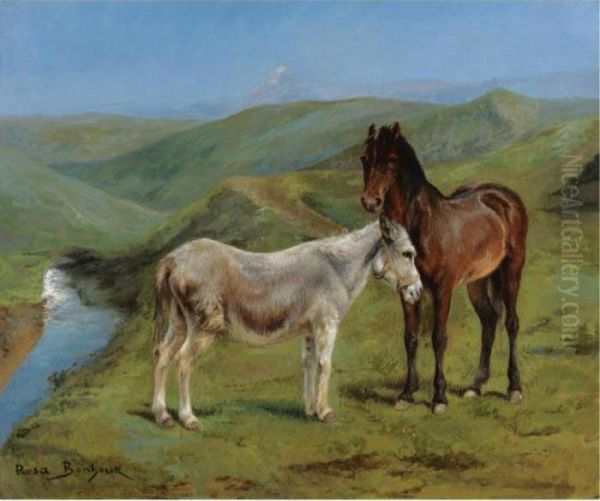 A Pony And A Donkey In A Mountain Landscape Oil Painting by Rosa Bonheur