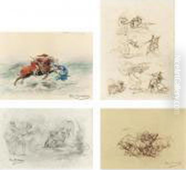 St. George Stabbing The Dragon, 
Studies Of St. George And Thedragon, A Knight And A Maiden, And Fighting
 Bulls Oil Painting by Rosa Bonheur