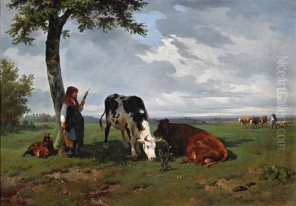 A Shepherdess With A Goat And Two Cows In Ameadow Oil Painting by Rosa Bonheur