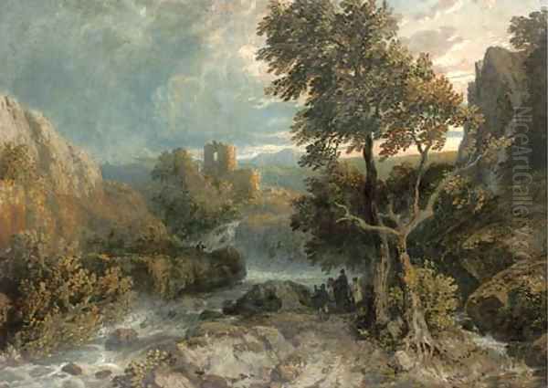 Travellers beside a river before castle ruins at dusk Oil Painting by William Havell