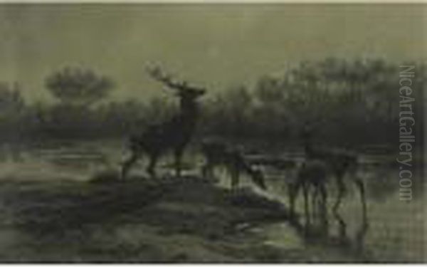 Deer Drinking By A Moonlit Lake Oil Painting by Rosa Bonheur