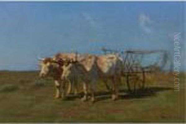 Two White Oxen Pulling A Cart Oil Painting by Rosa Bonheur