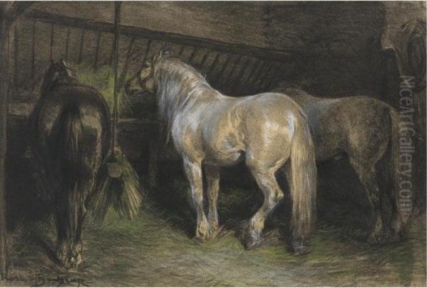 Horses Eating Hay In A Stable Oil Painting by Rosa Bonheur