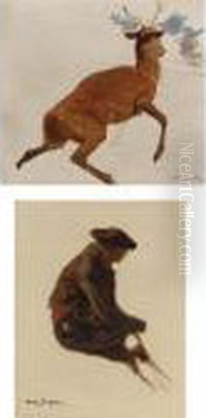 Studies: Stag And A Man (two Works) Oil Painting by Rosa Bonheur