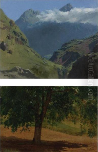 Landscape Studies: Pyrenees And Tree (two Works) Oil Painting by Rosa Bonheur