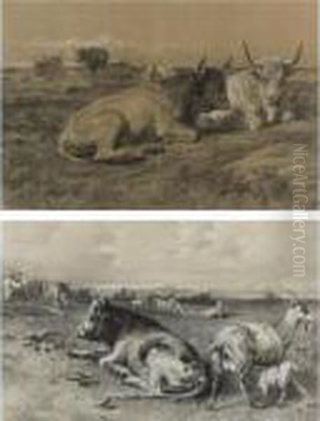 Cattle Resting And Cattle And Goats In A Landscape (two Works) Oil Painting by Rosa Bonheur