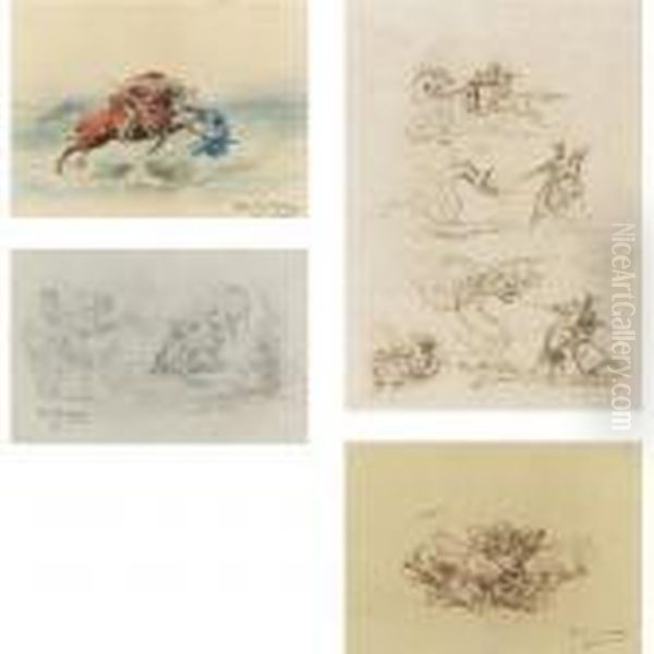 St. George Stabbing The Dragon, 
Studies Of St. George And The Dragon, A Knight And A Maiden, And 
Fighting Bulls (four Works) Oil Painting by Rosa Bonheur