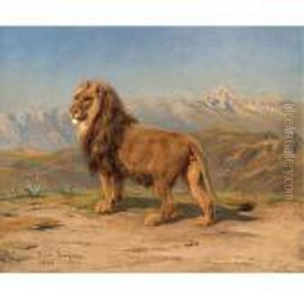 Lion In A Mountainous Landscape Oil Painting by Rosa Bonheur