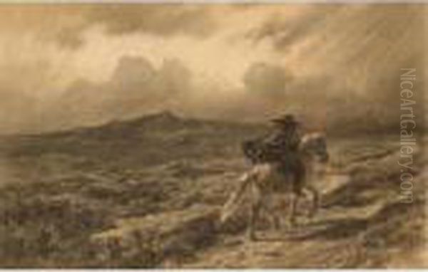 Horse And Rider On The Scottish Highlands (the Approaching Storm) Oil Painting by Rosa Bonheur