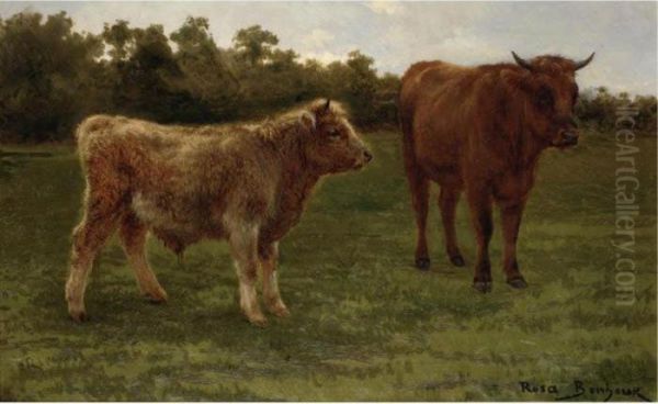 Two Cows Grazing Oil Painting by Rosa Bonheur