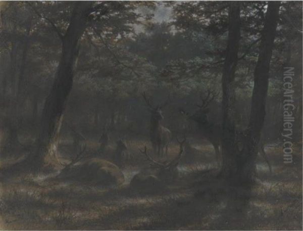 Deer In The Moonlight Oil Painting by Rosa Bonheur