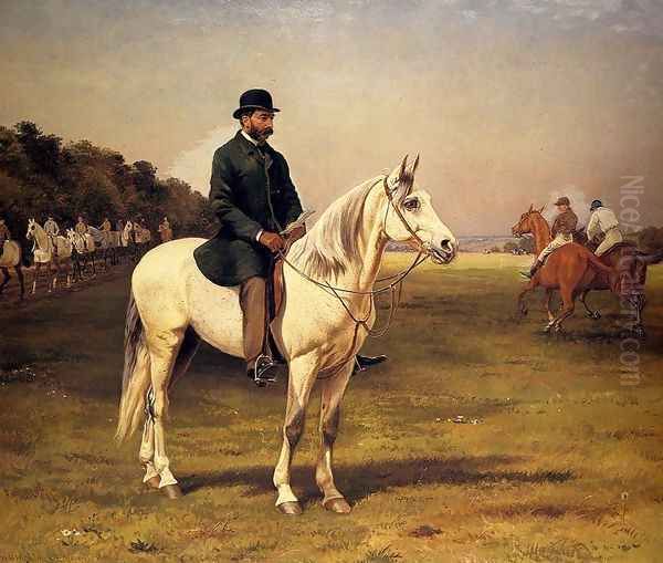 Captain J. O. Machell on a White Horse with the Jockeys E. Martin and F. Archer exercising their Horses Oil Painting by William H. Hopkins