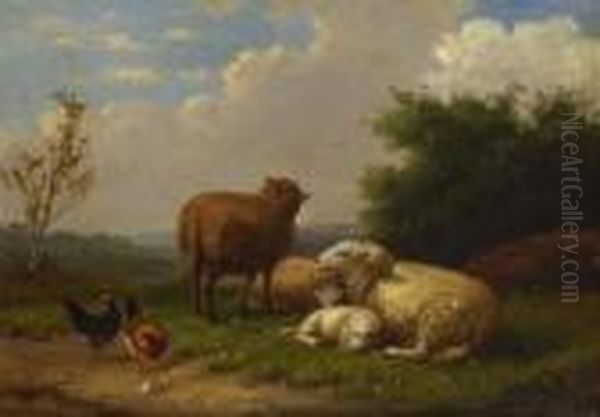 Schafe Und Huhner. Oil Painting by Rosa Bonheur