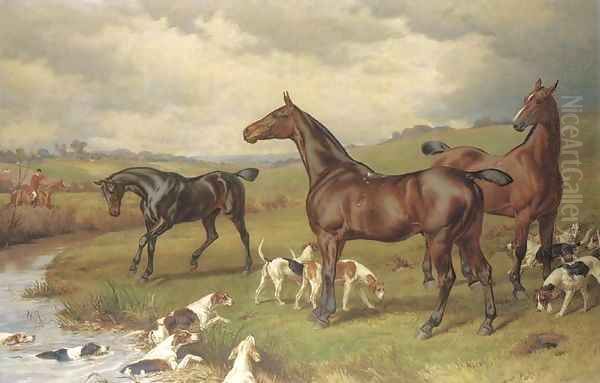 A hunting scene, with horses and hounds in the foreground, and a hunt beyond Oil Painting by William H. Hopkins