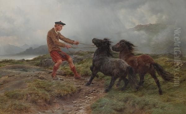 A Ghillie And Two Shetland Ponies In A Misty Landscape Oil Painting by Rosa Bonheur