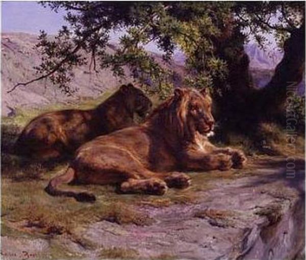 Lions In A Landscape Oil Painting by Rosa Bonheur