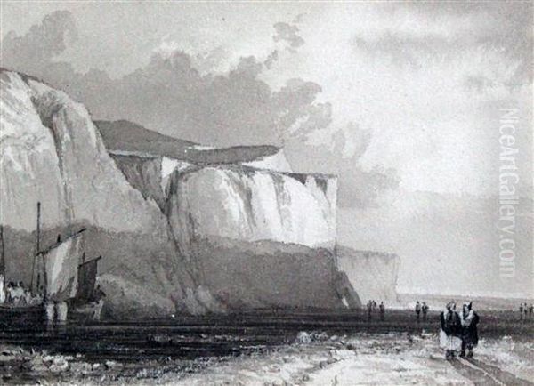 Fishing Boats Beneath Sea Cliffs At Low Tide Oil Painting by Richard Parkes Bonington