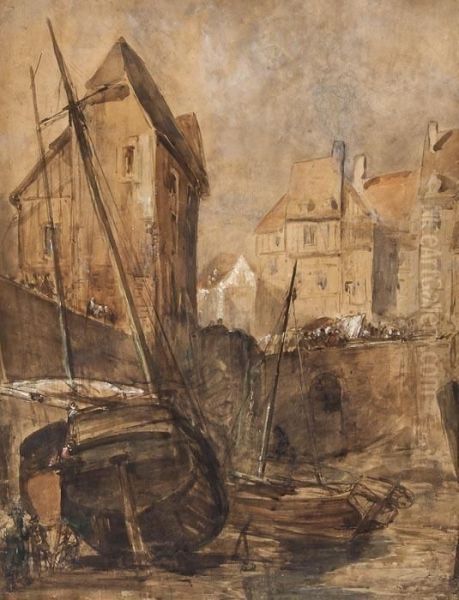 Northern French Harbour Scene Oil Painting by Richard Parkes Bonington