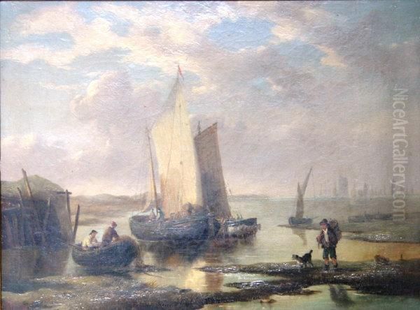 Estuary Landscape With Fishing Boats In Foreground Oil Painting by Richard Parkes Bonington