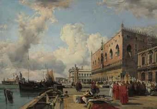 The Ducal Palace, Venice, With A Religious Procession Oil Painting by Richard Parkes Bonington