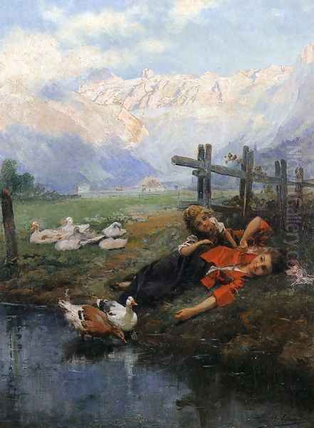 Children and Geese by a Pond Oil Painting by Daniel Hernandez